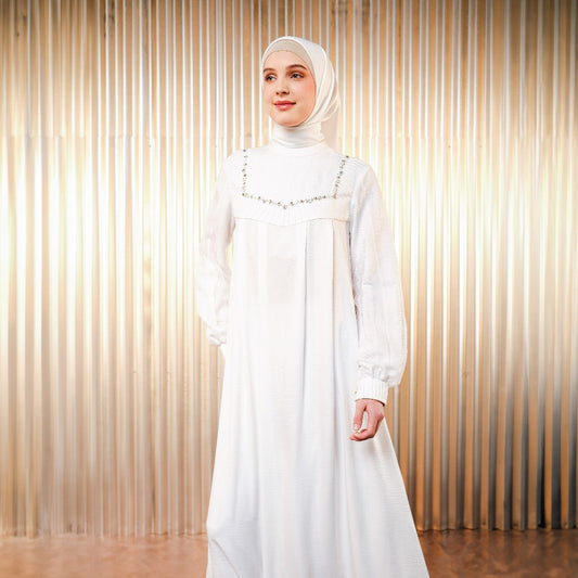 Shafira Quintana Dress Broken White | Gamis Panjang Wanita Muslim Wanita